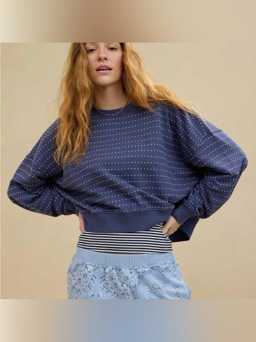 aerie Navy Blue Dot-Print Cropped Sweatshirt